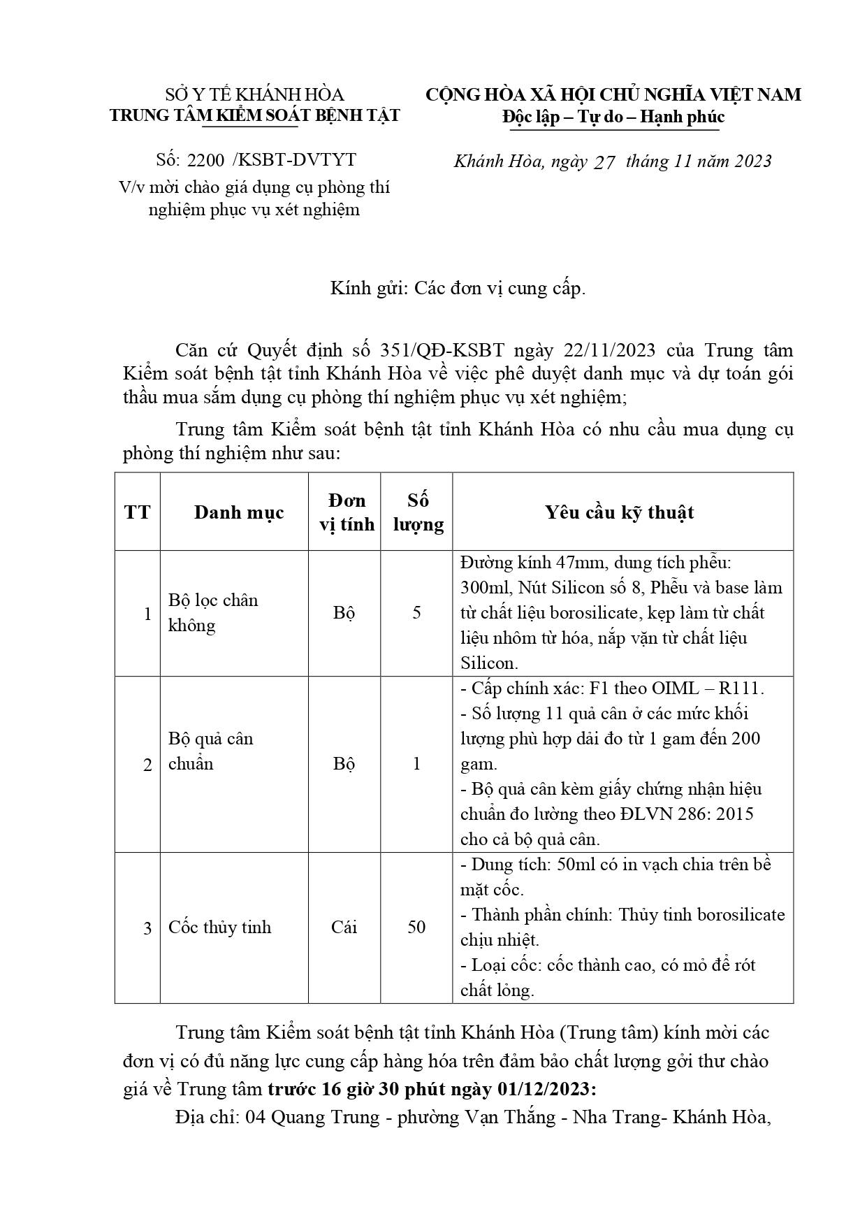 Mời chào giá dụng cụ phòng thí nghiệm phục vụ xét nghiệm